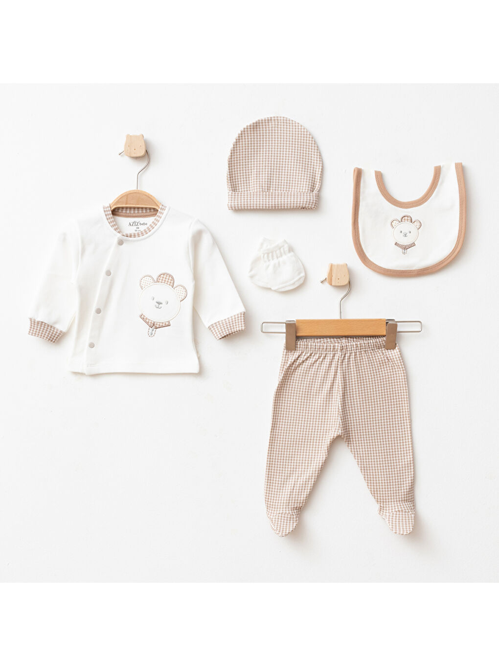 Bej Erkek Bebek Animal Desenli % 100 Pamuk 5' Li Hastane Çıkış Seti 0 Ay - 3 Ay