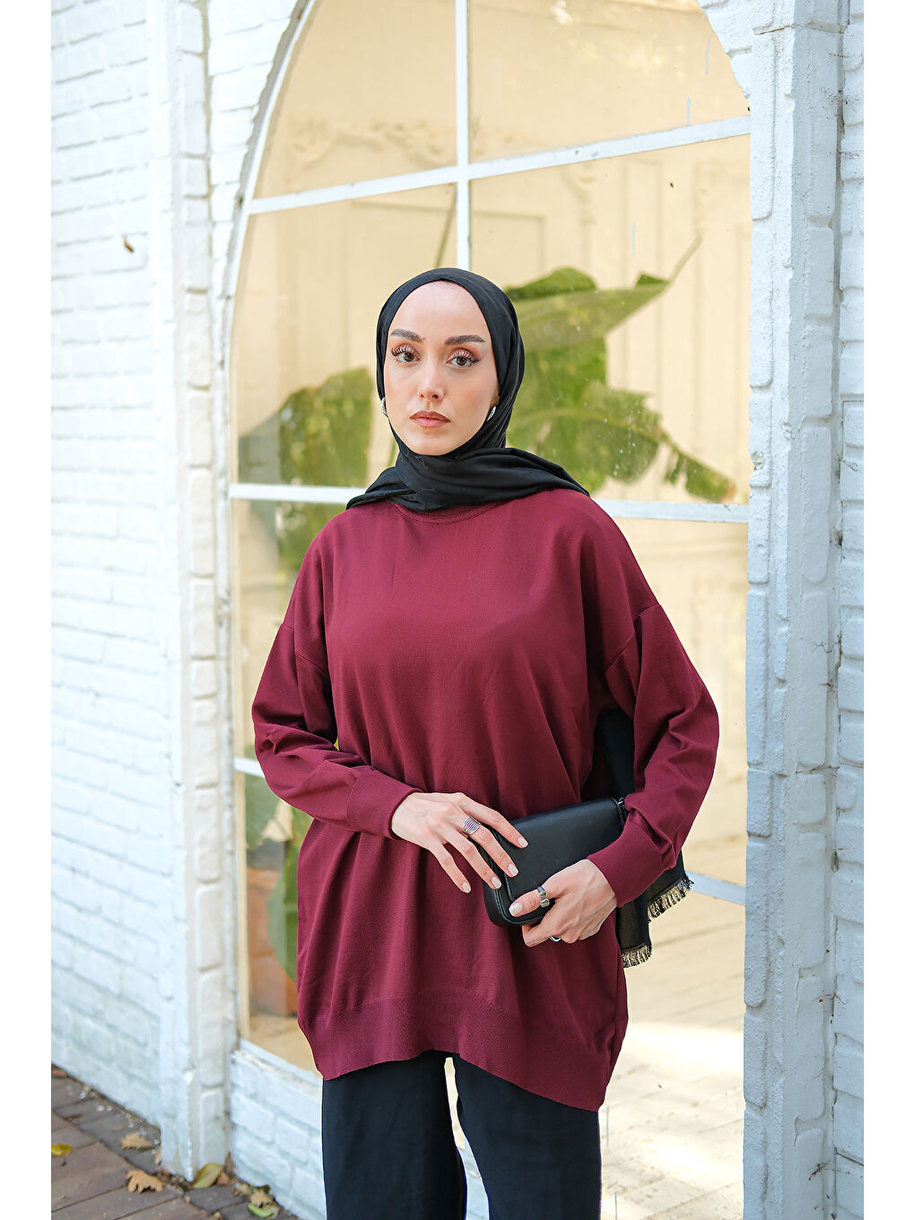 Kadın Bisiklet Yaka Oversize Triko Kazak Bordo-2