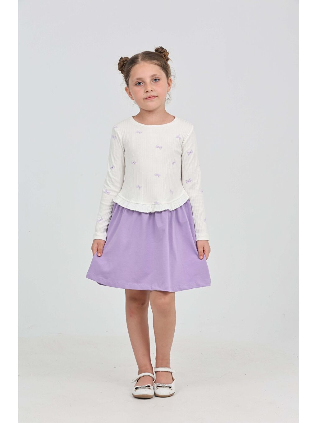 Lila Kız Çocuk Fiyonk Baskılı Elbise-3