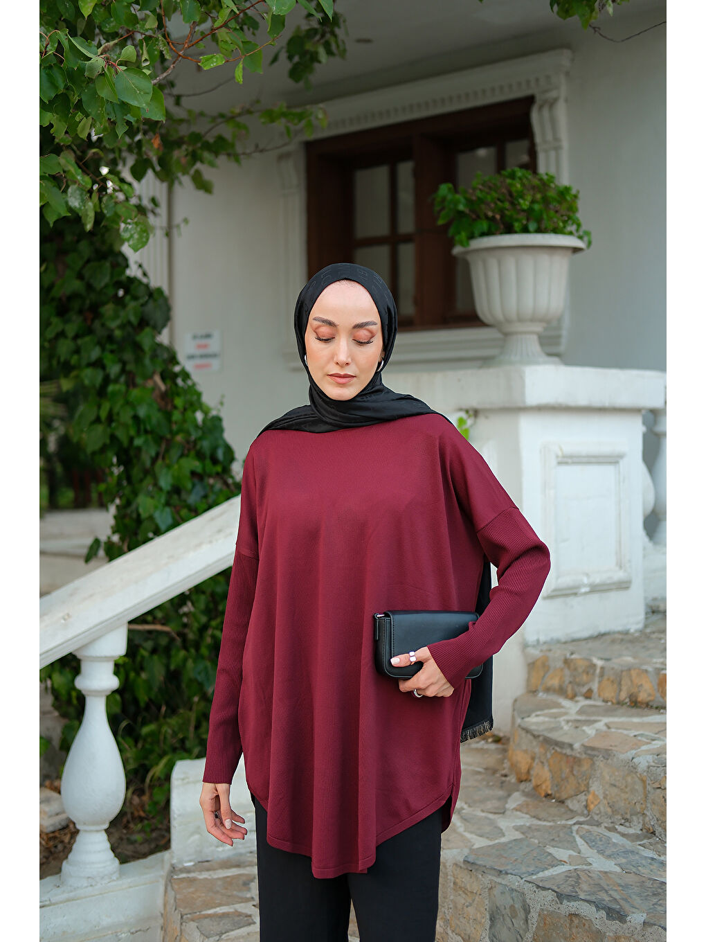 Kadın Kol Lastik Detay Tunik Bordo-3