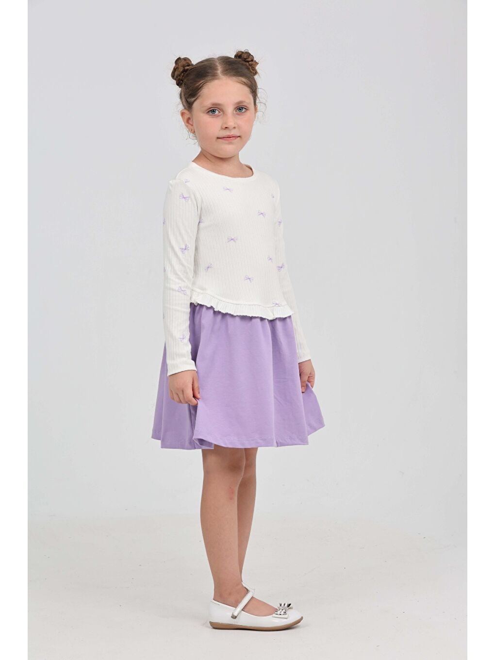 Lila Kız Çocuk Fiyonk Baskılı Elbise-4