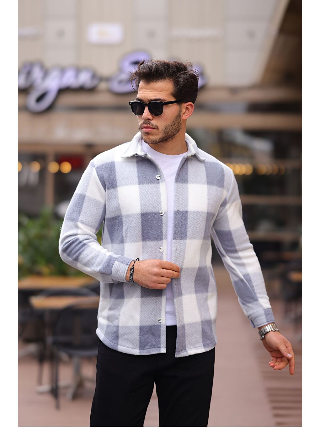 Gri Erkek Kare Desen Polar Rahat Kalıp Gömlek