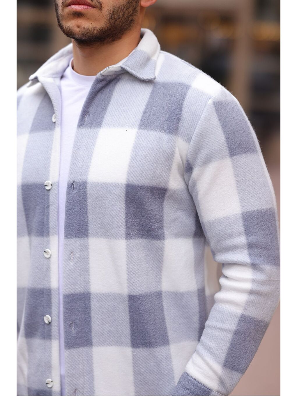 Gri Erkek Kare Desen Polar Rahat Kalıp Gömlek-1