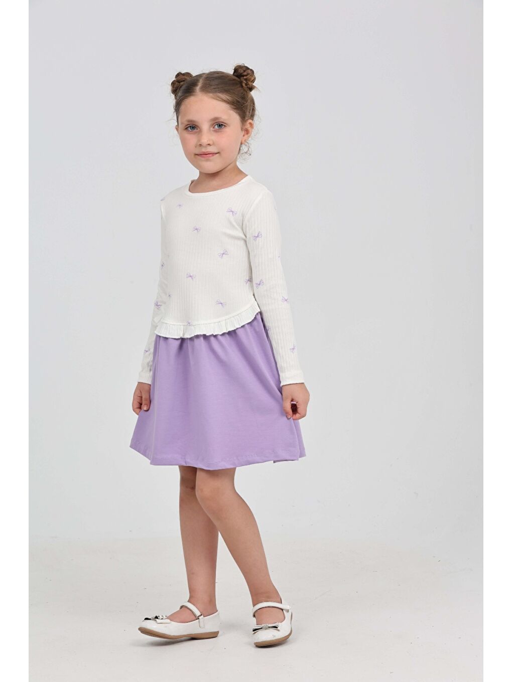 Lila Kız Çocuk Fiyonk Baskılı Elbise-5