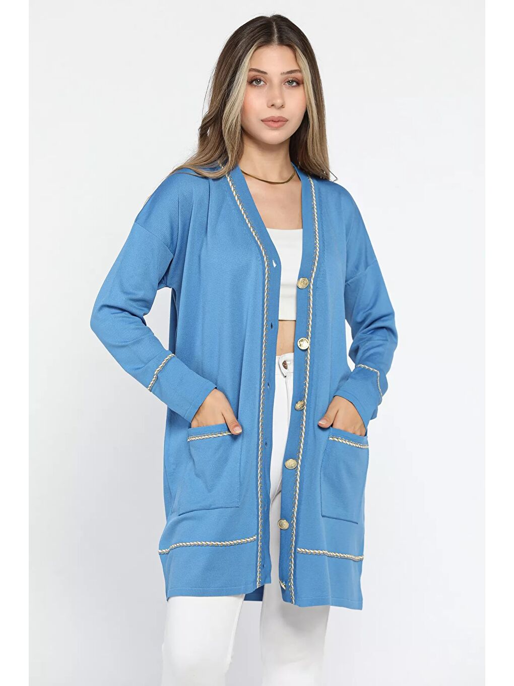 Mavi Cepli Düğme Detaylı Tesettür Triko Hırka-1