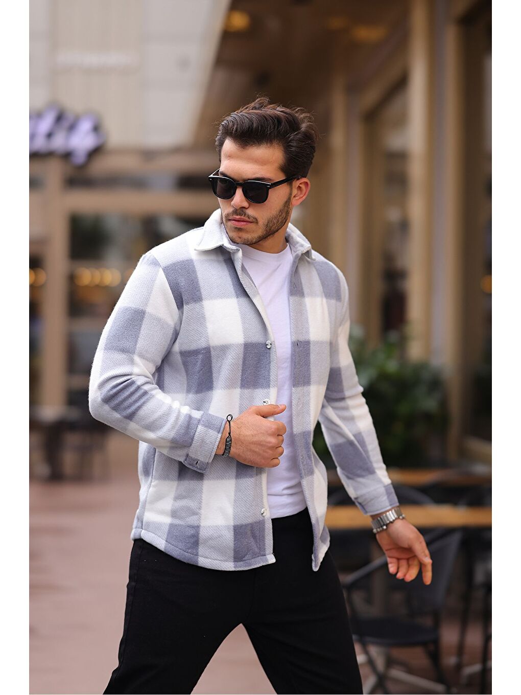 Gri Erkek Kare Desen Polar Rahat Kalıp Gömlek-2