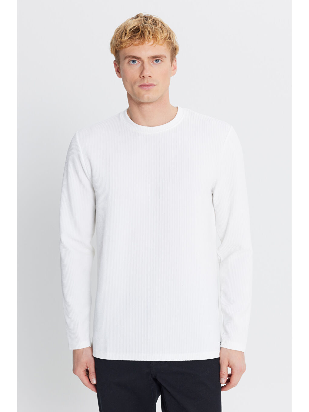 Erkek Ekru Dar Kesim Bisiklet Yaka Jakarlı Esnek Tişört