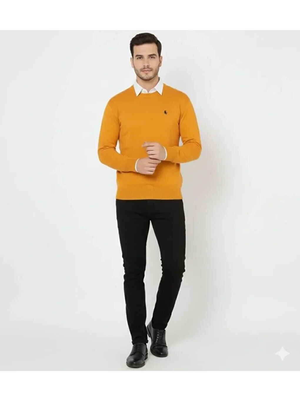 Turuncu Erkek Bisiklet Yaka Nakış Işlemeli Triko Kazak Yumuşak Dokulu Pamuklu Ince Dokuma, Uzun Kollu Rahat-1