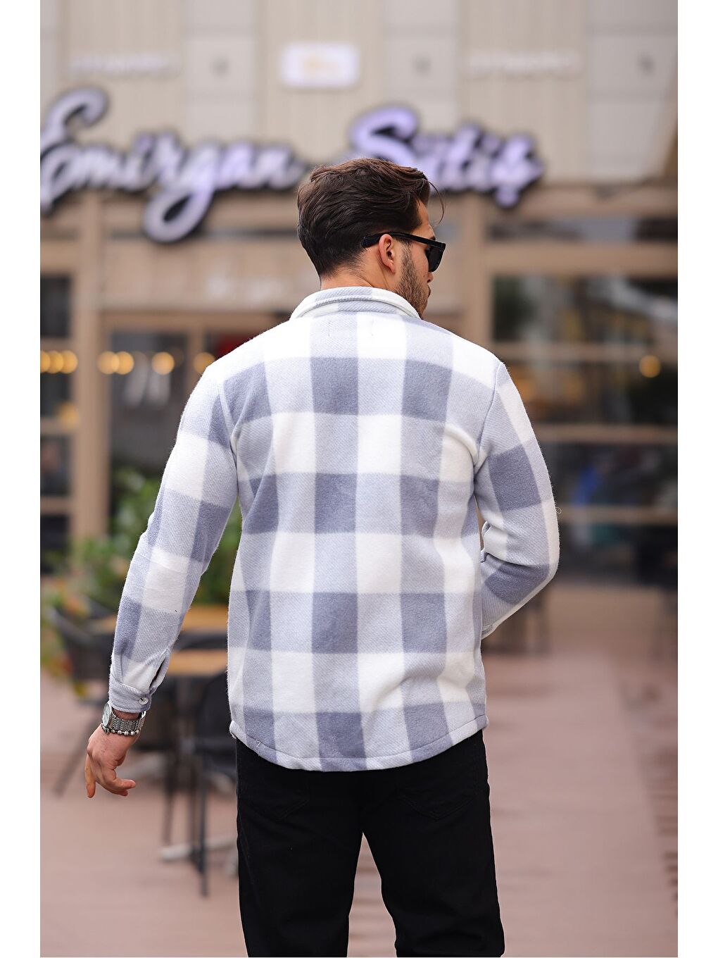 Gri Erkek Kare Desen Polar Rahat Kalıp Gömlek-3