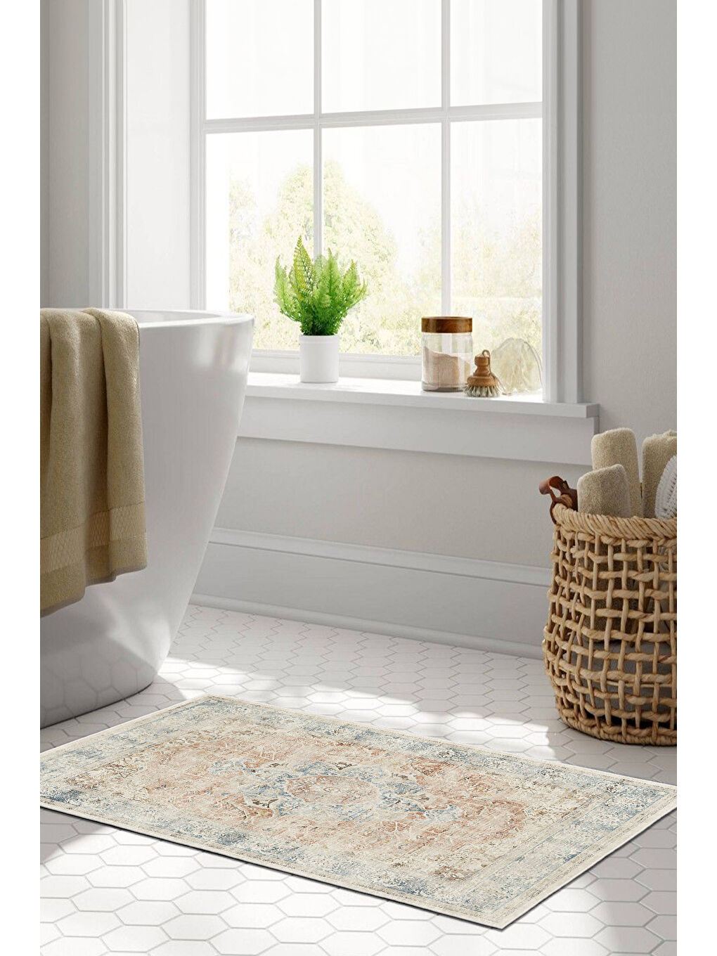 Bej Dekoratif Özel Tasarım Yıkanabilir İnce Kaymaz Tabanlı Modern Halı KECE FR21-3