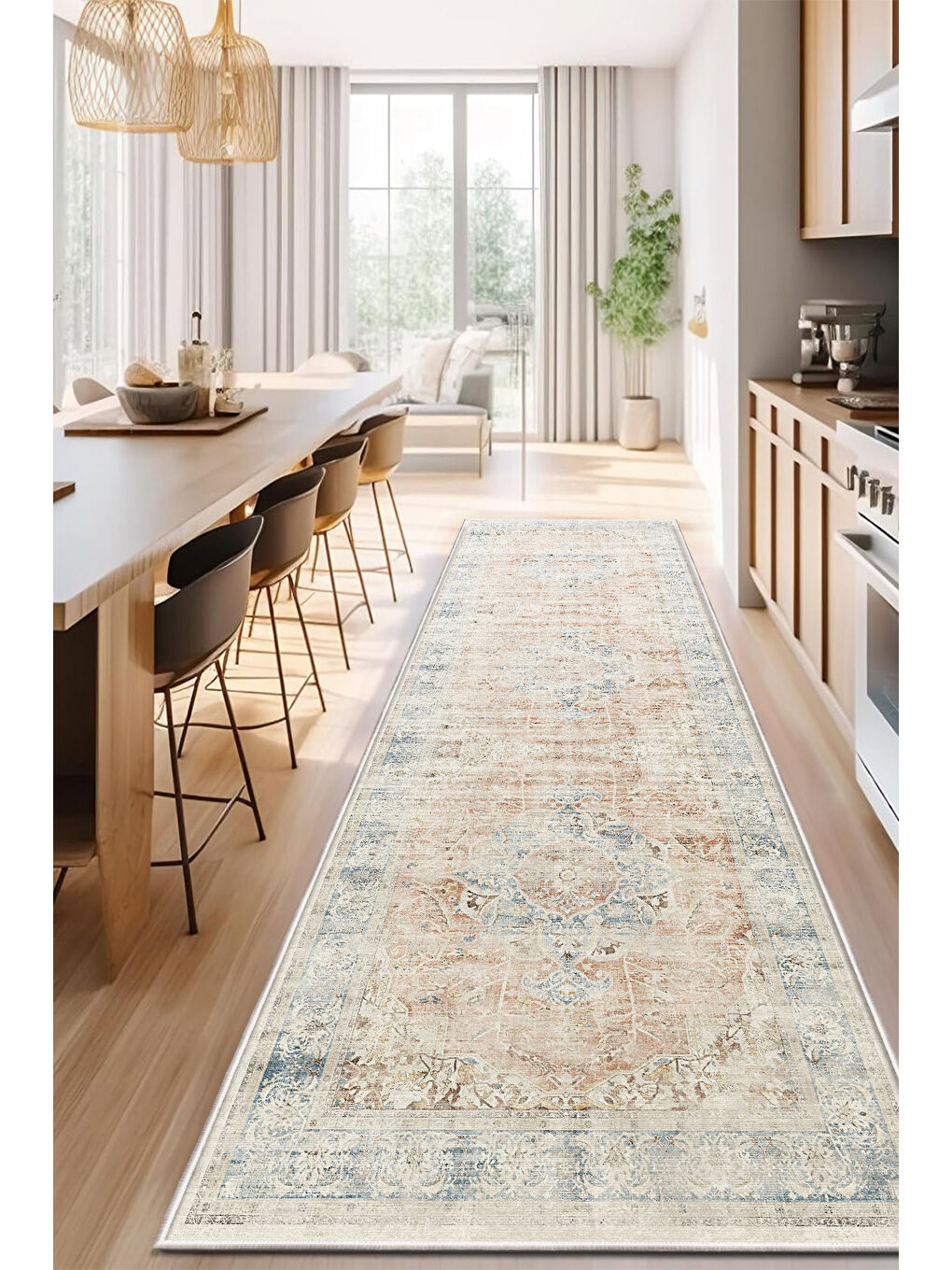 Bej Dekoratif Özel Tasarım Yıkanabilir İnce Kaymaz Tabanlı Modern Halı KECE FR21-4