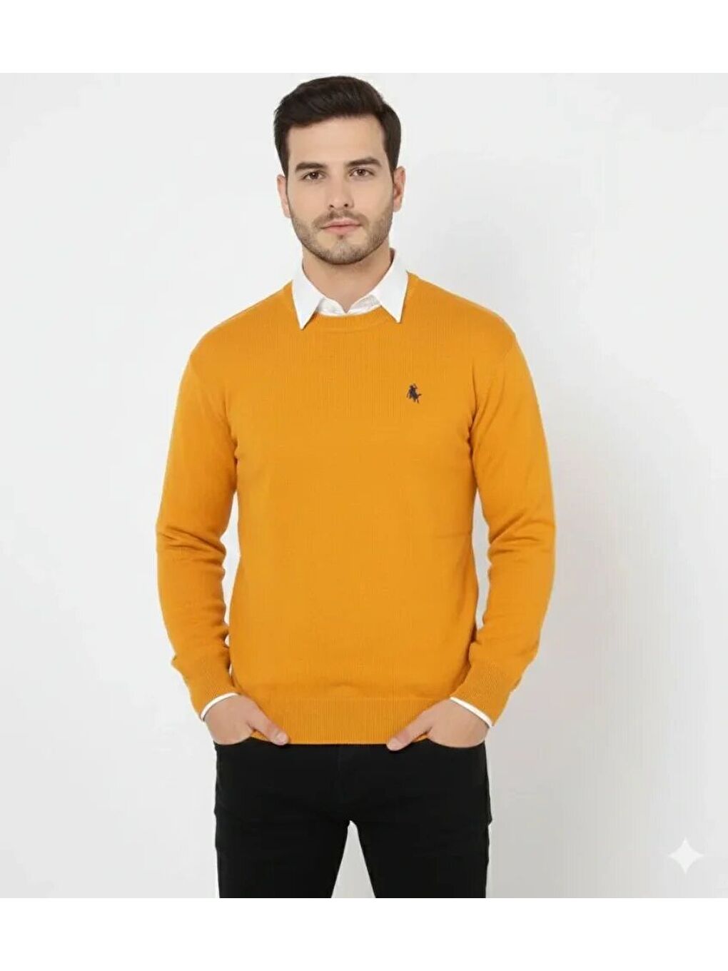 Turuncu Erkek Bisiklet Yaka Nakış Işlemeli Triko Kazak Yumuşak Dokulu Pamuklu Ince Dokuma, Uzun Kollu Rahat-2