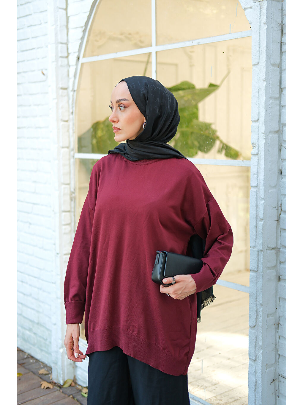 Kadın Bisiklet Yaka Oversize Triko Kazak Bordo-3