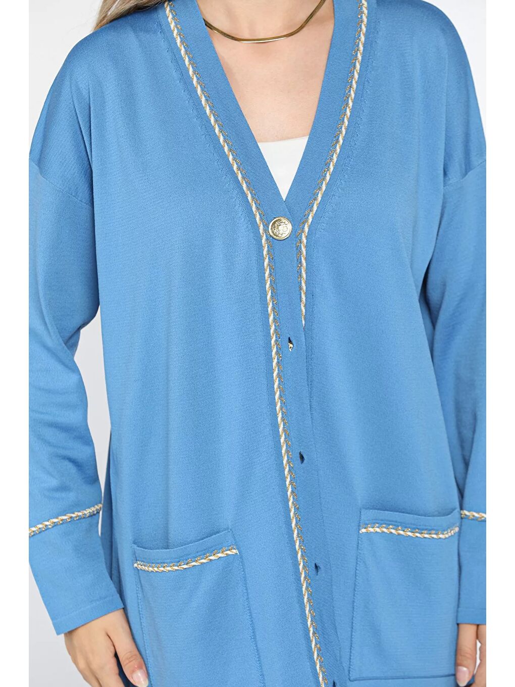 Mavi Cepli Düğme Detaylı Tesettür Triko Hırka-3