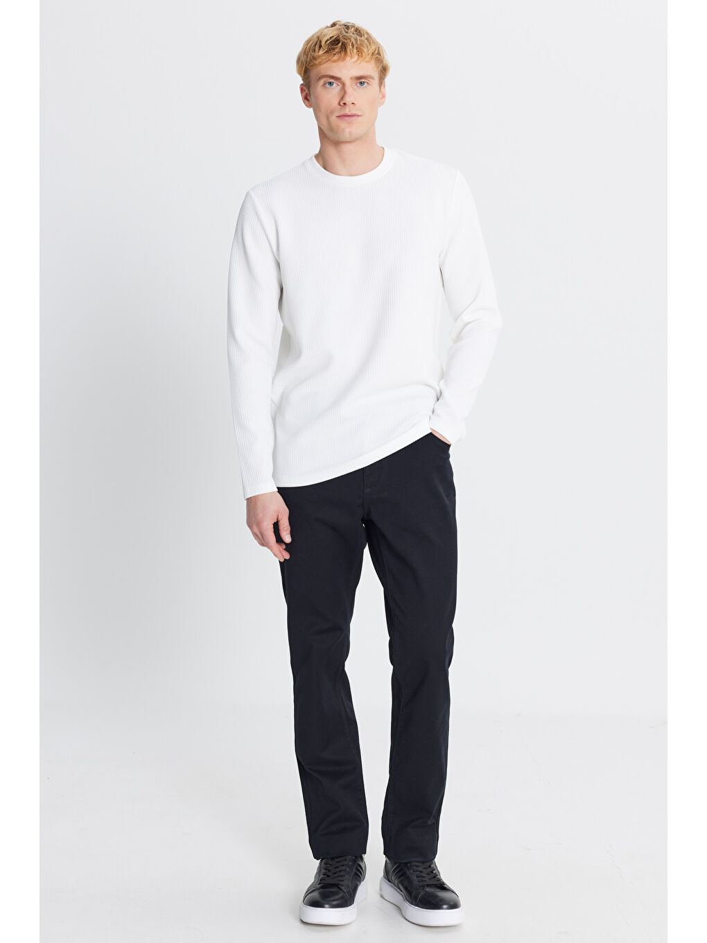 Erkek Ekru Dar Kesim Bisiklet Yaka Jakarlı Esnek Tişört-1