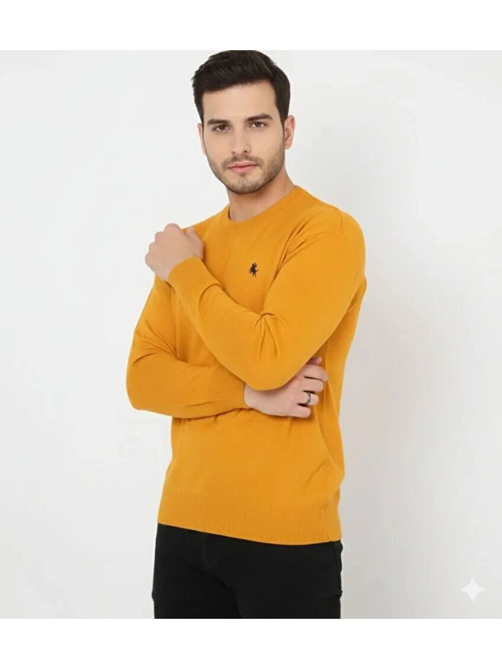 Turuncu Erkek Bisiklet Yaka Nakış Işlemeli Triko Kazak Yumuşak Dokulu Pamuklu Ince Dokuma, Uzun Kollu Rahat-3