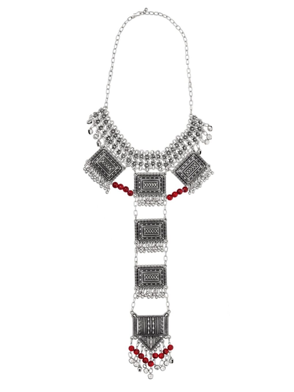 Kadın Kırmızı Antik Boncuk Detaylı Sallantılı Gümüş Kaplama Choker