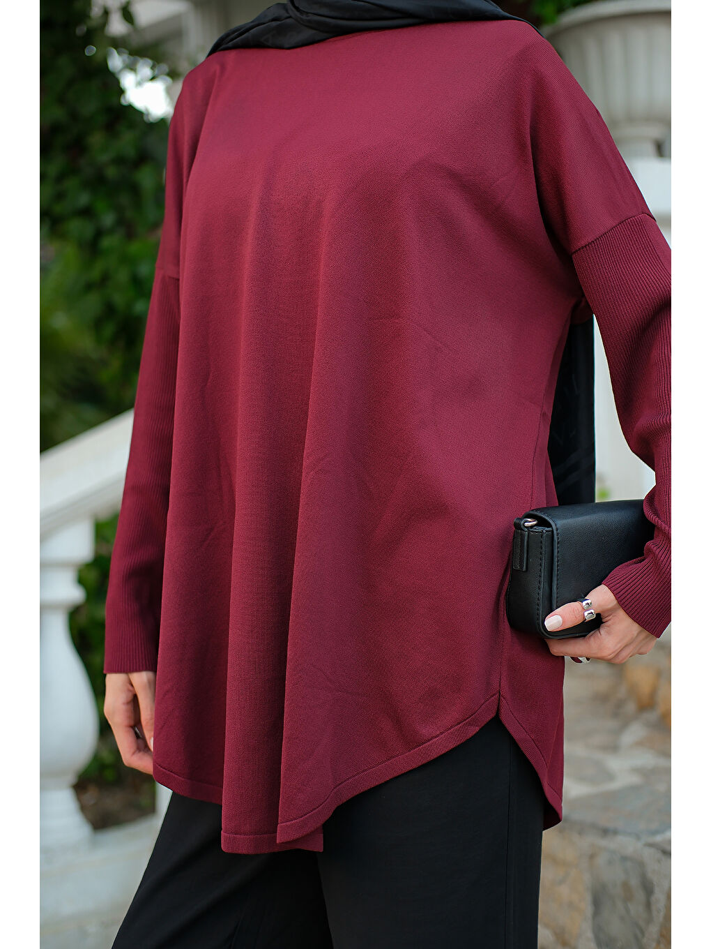 Kadın Kol Lastik Detay Tunik Bordo-4