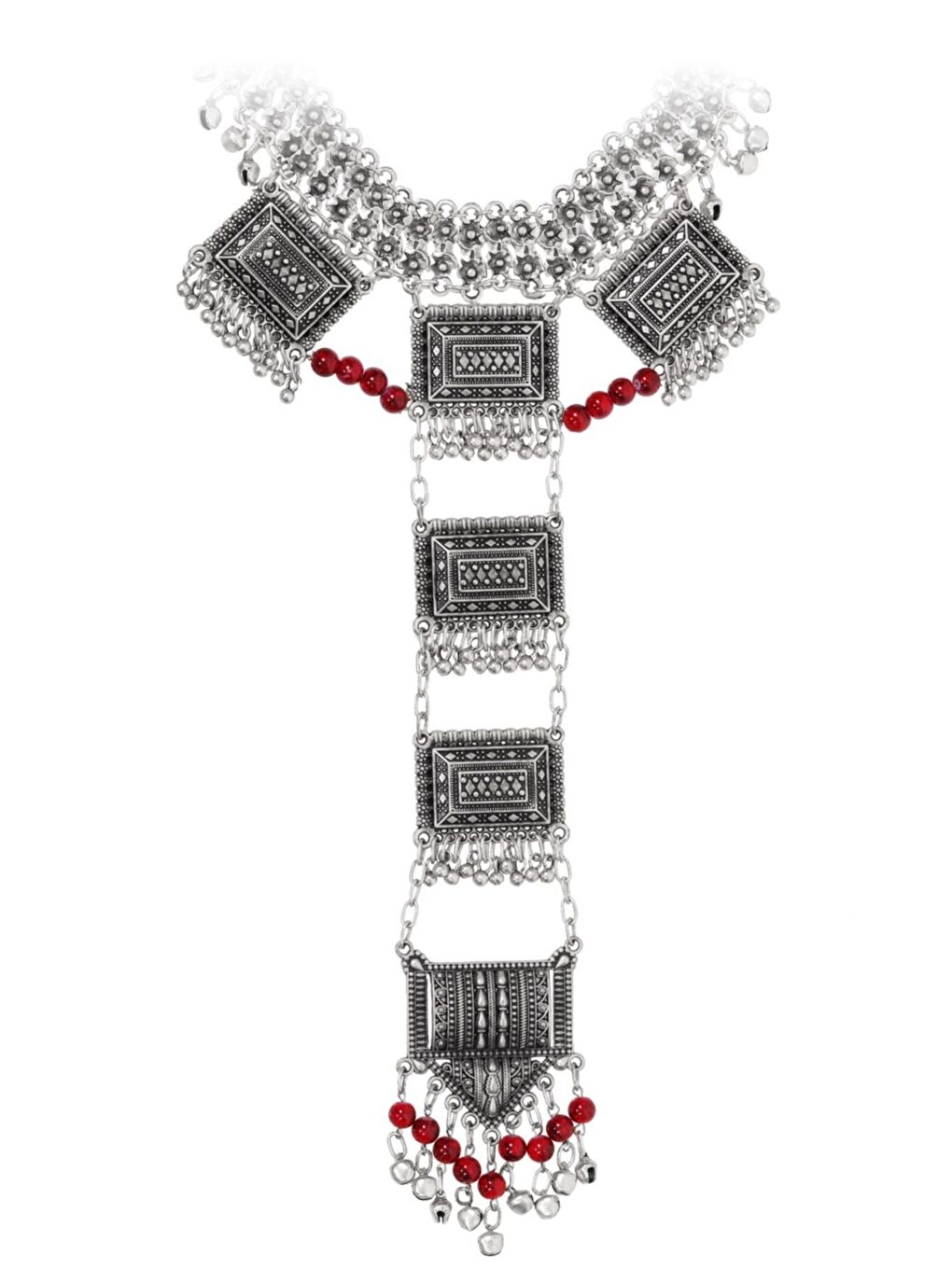 Kadın Kırmızı Antik Boncuk Detaylı Sallantılı Gümüş Kaplama Choker-1