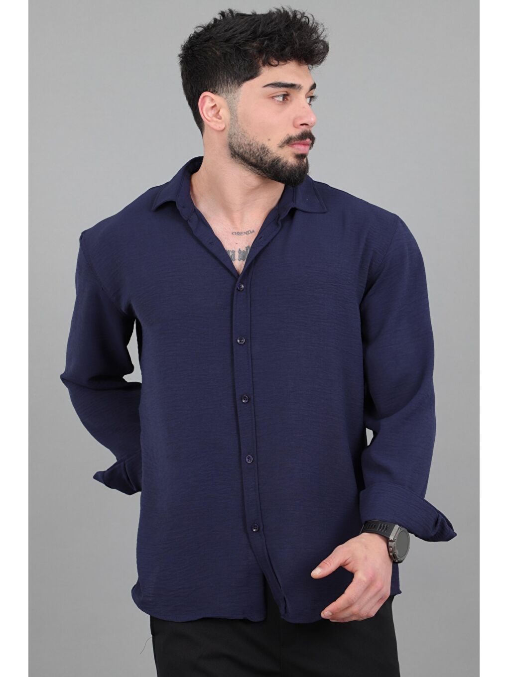 Lacivert Uzun Kol Keten Gömlek BLD 7040_40368