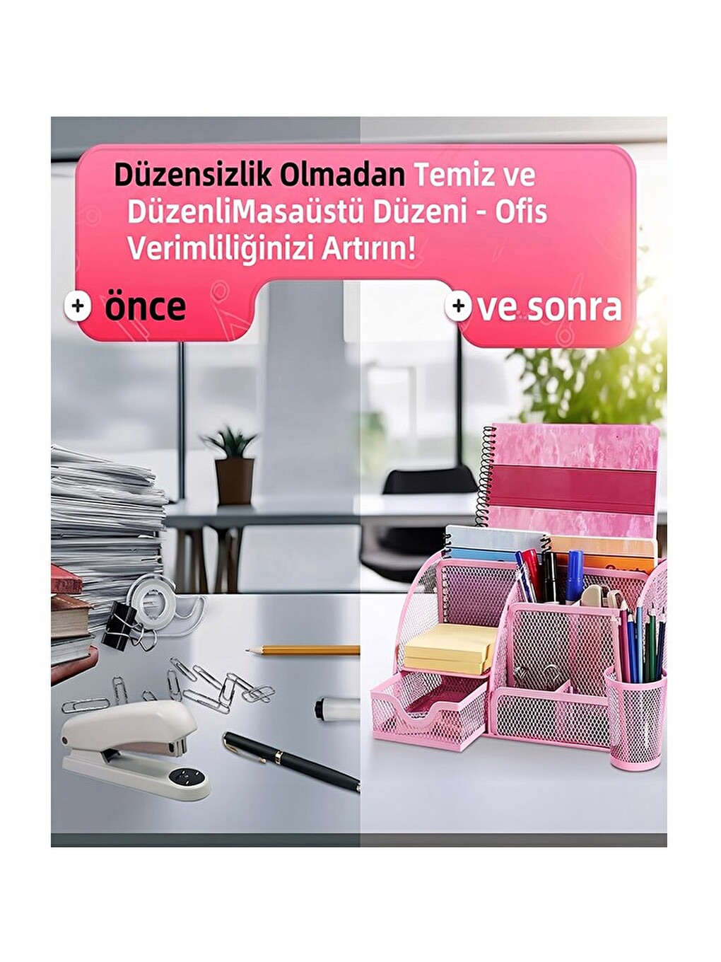 Pembe Masaüstü Metal Kalemlik Seti 7 Bölmeli Fileli Masa Üstü Düzenleyici Küp Notluk Ataşlık Çekmece-2