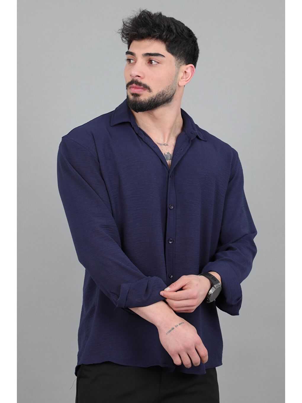 Lacivert Uzun Kol Keten Gömlek BLD 7040_40368-1