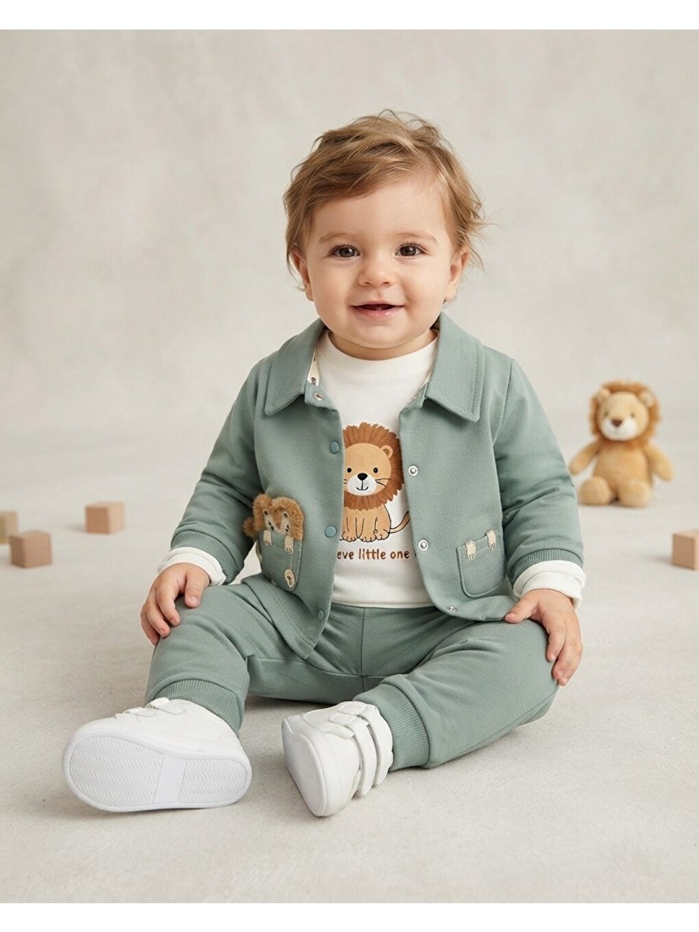 İndigo Erkek Bebek Aslan Baskılı Ceketli 3'lü Takım-1