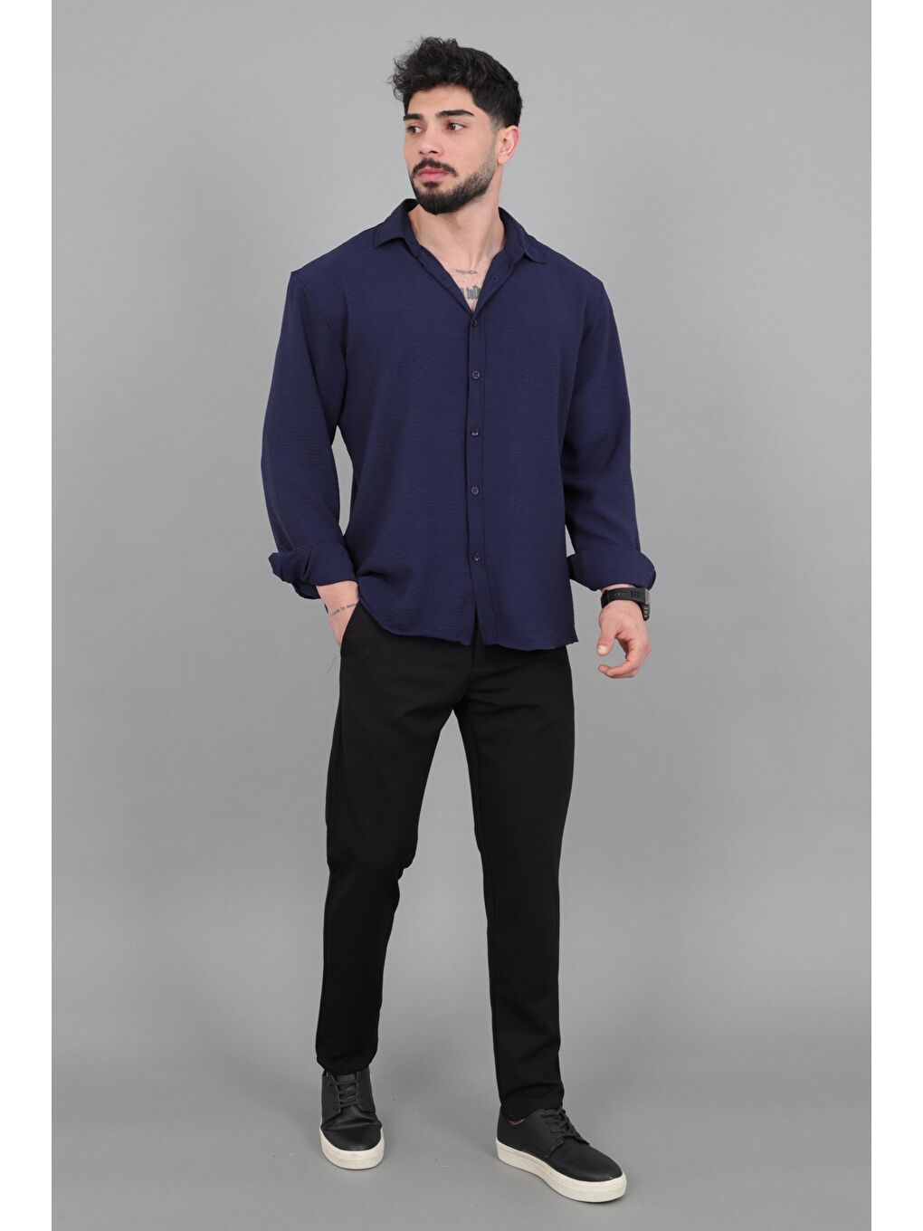 Lacivert Uzun Kol Keten Gömlek BLD 7040_40368-2