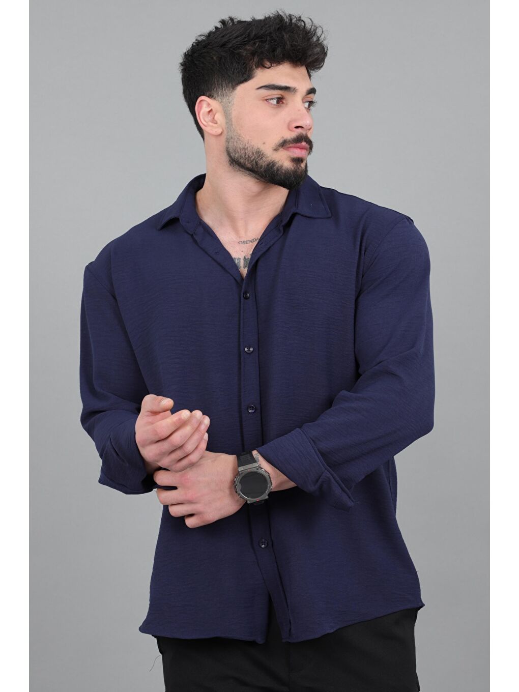 Lacivert Uzun Kol Keten Gömlek BLD 7040_40368-3