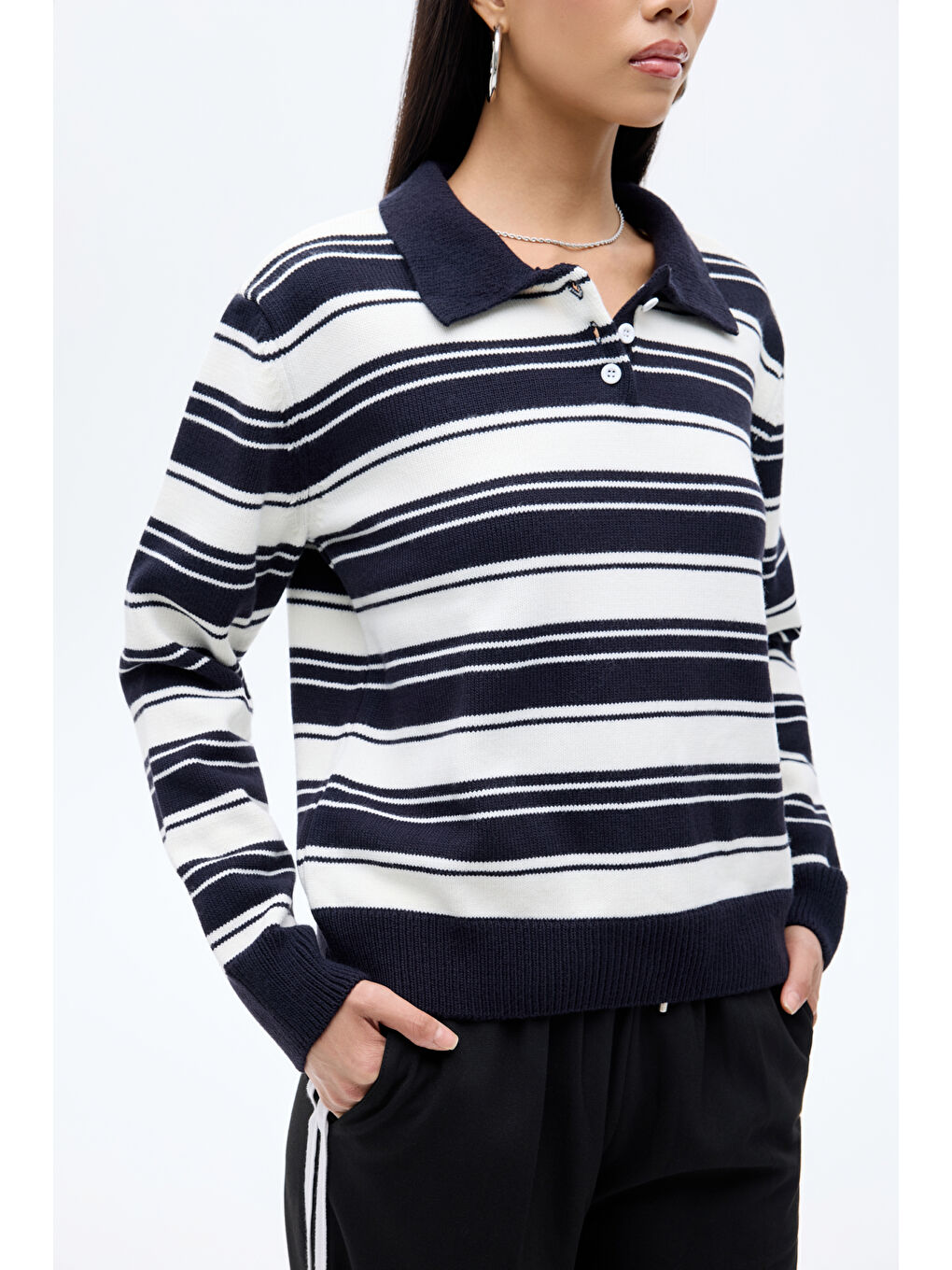 Polo Yaka Çizgili Triko Lacivert-2