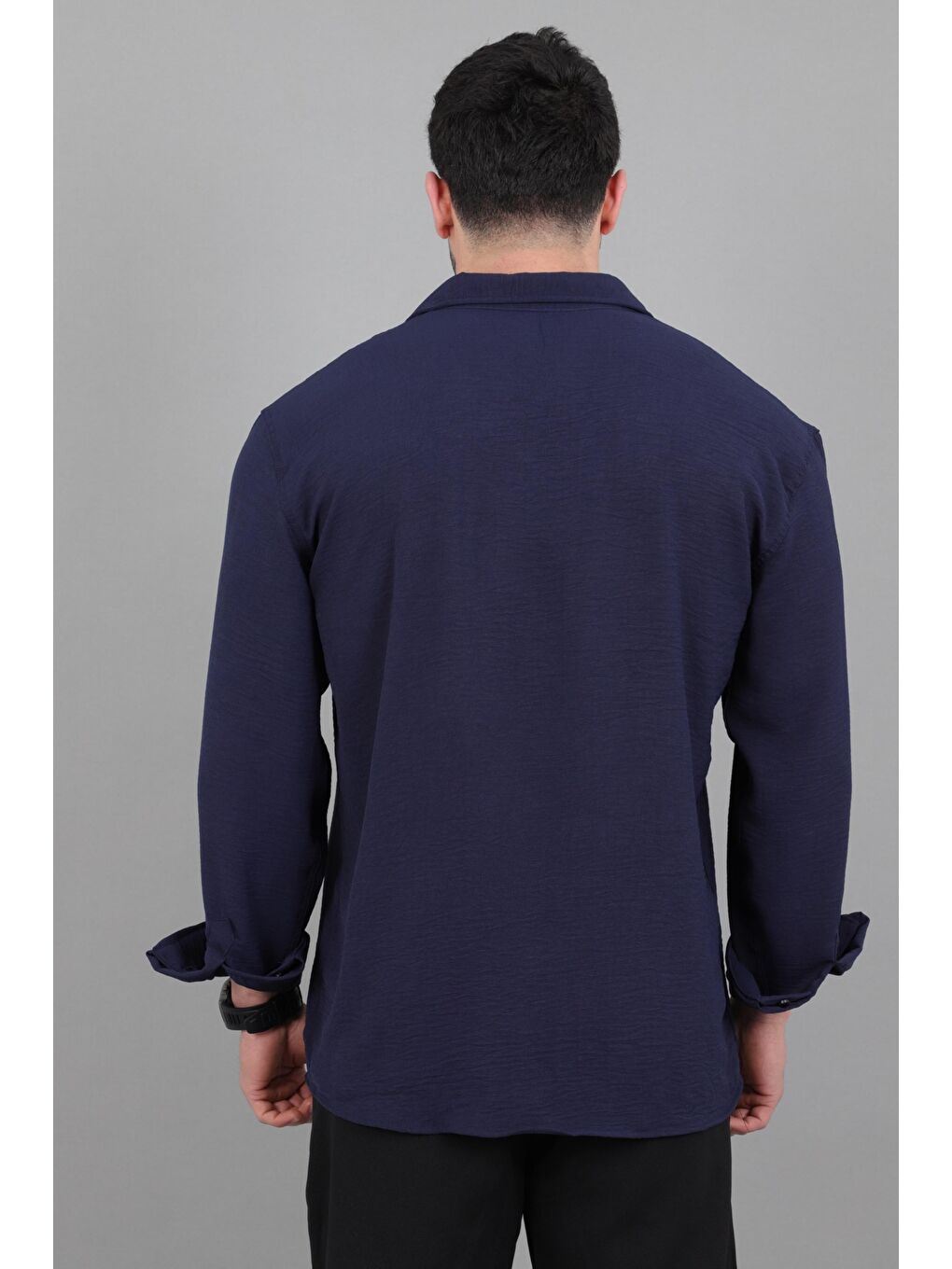 Lacivert Uzun Kol Keten Gömlek BLD 7040_40368-4