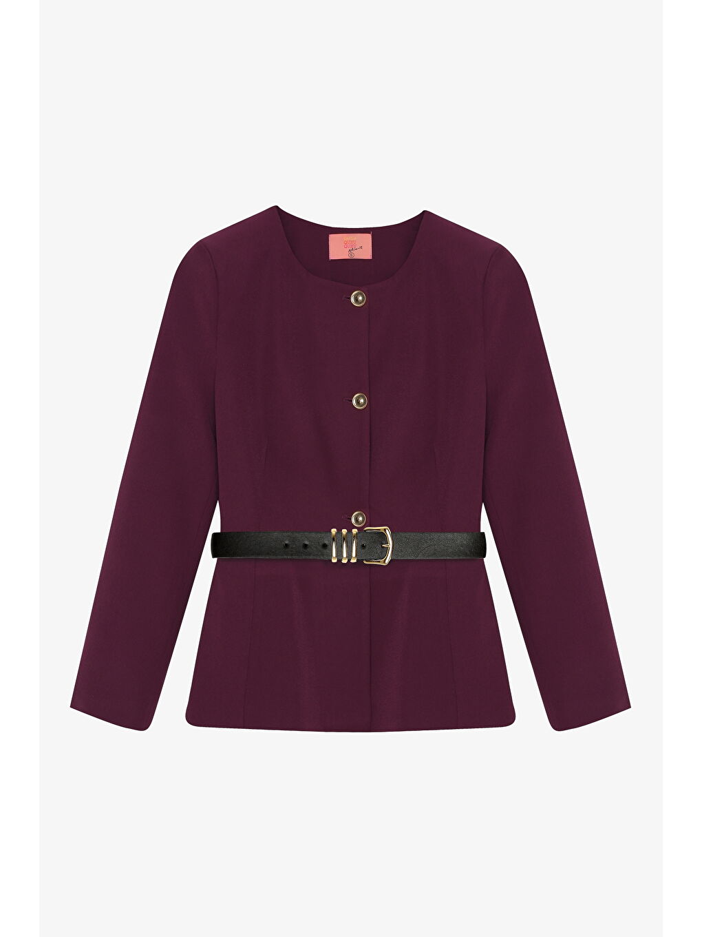 Kemer Aksesuarlı Yuvarlak Yaka Ceket Mürdüm-1