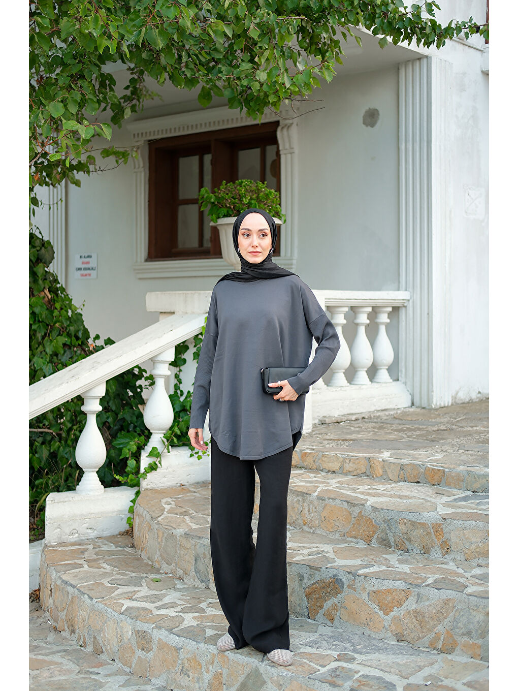 Gri Kadın Kol Lastik Detay Tunik Füme-2