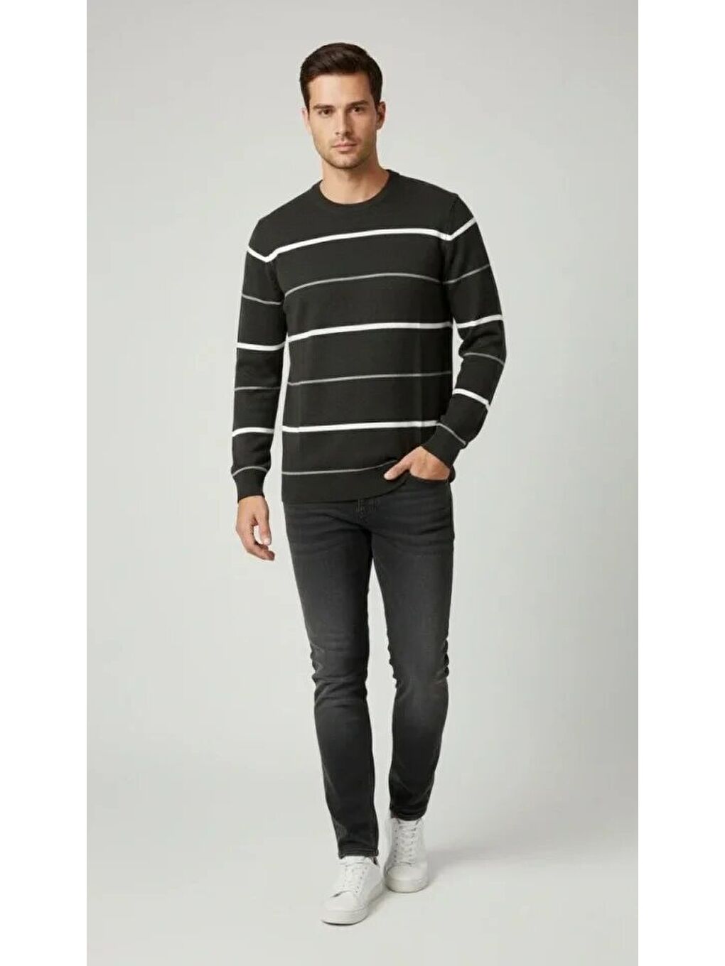 Gri Erkek Bisiklet Yaka Cizgili Triko Kazak Yumuşak Dokulu Pamuklu Ince Dokuma, Uzun Kollu Rahat Regular