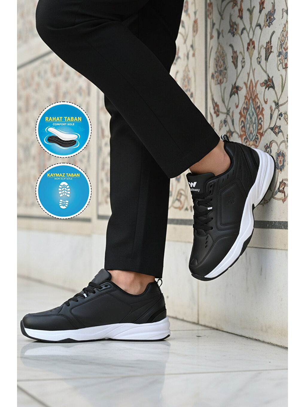 Siyah Beyaz Bağcıklı Kaymaz Taban Erkek Spor Ayakkabı Erya M-2