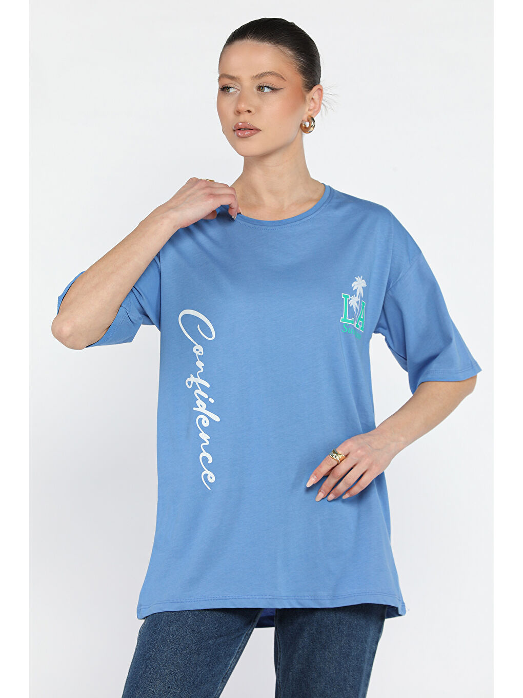 İndigo Baskılı Bisiklet Yaka Kadın Tişört-1