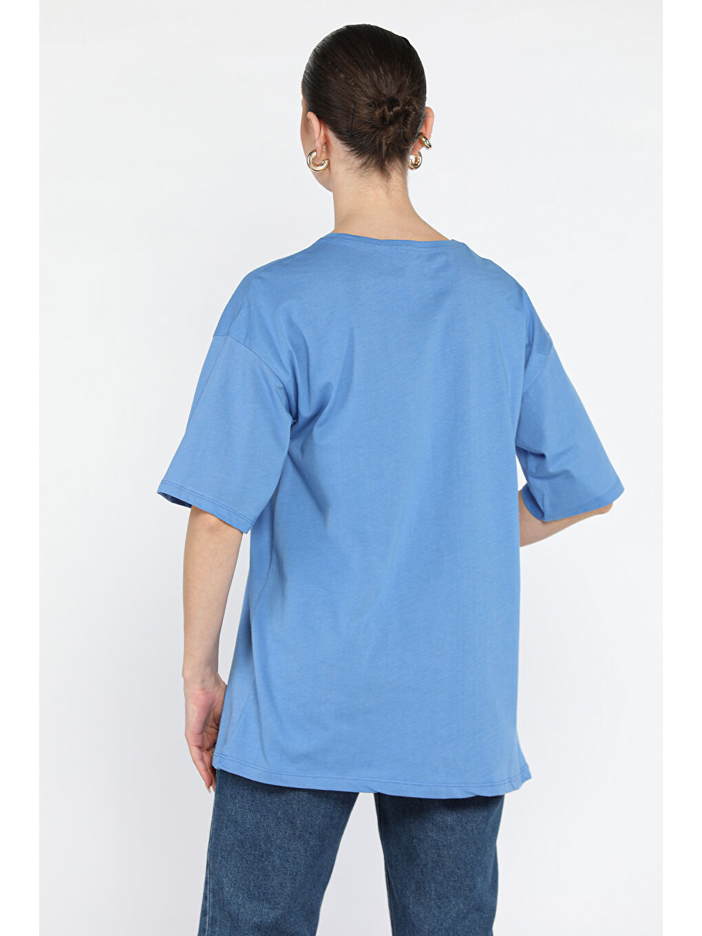 İndigo Baskılı Bisiklet Yaka Kadın Tişört-2