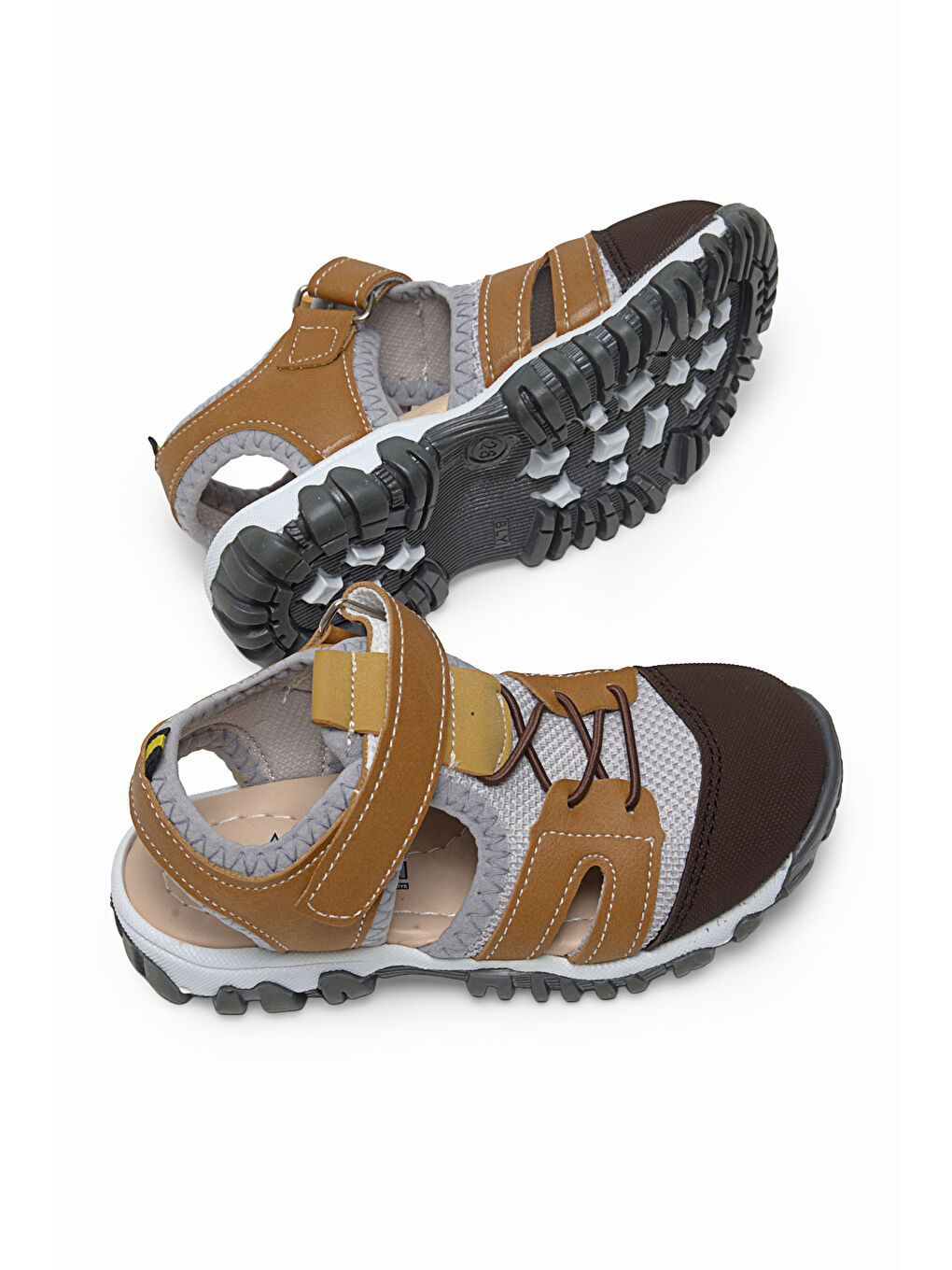 Kahverengi Çocuk Unisex Camel Çoçuk Cırt Ve Bağcıklı Rahat Kalıp Sandalet-3