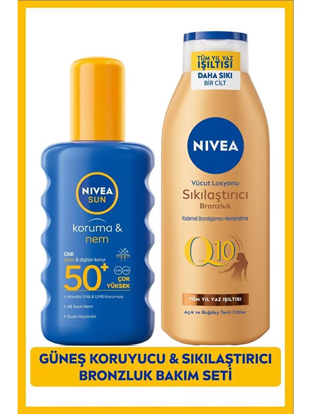 SUN SPF50 Güneş Koruyucu Vücut Spreyi 200ml ve Q10 Sıkılaştırıcı Bronzlaştırıcı Vücut Losyonu 250ml