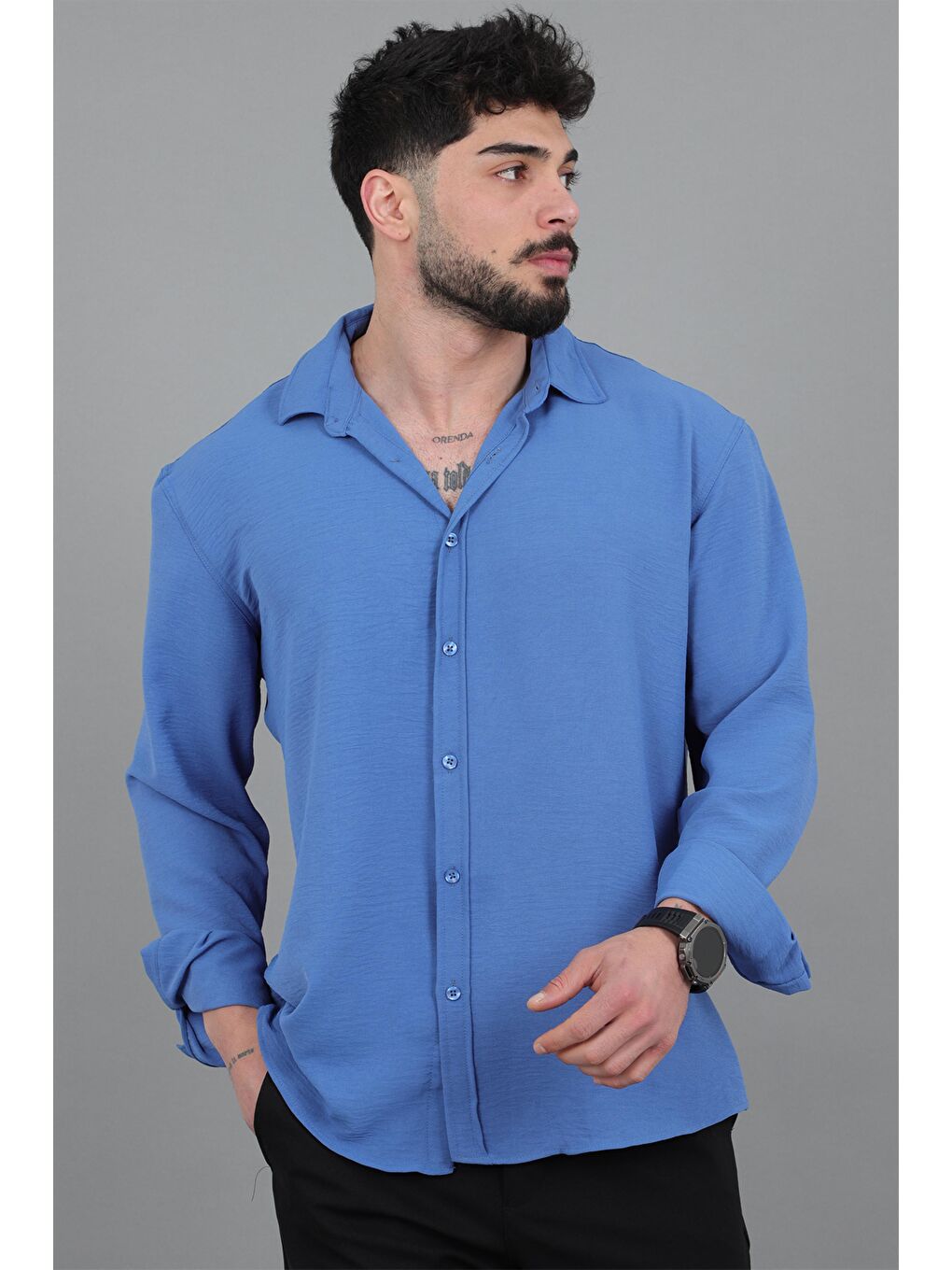 Lacivert Uzun Kol Keten Gömlek BLD 7040_40368-1