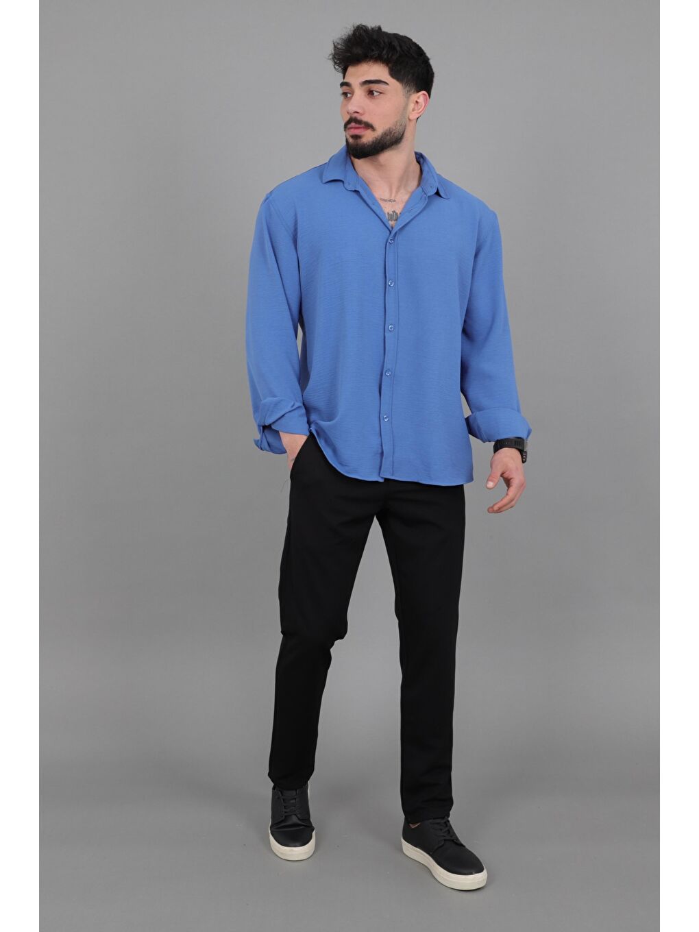 Lacivert Uzun Kol Keten Gömlek BLD 7040_40368-2