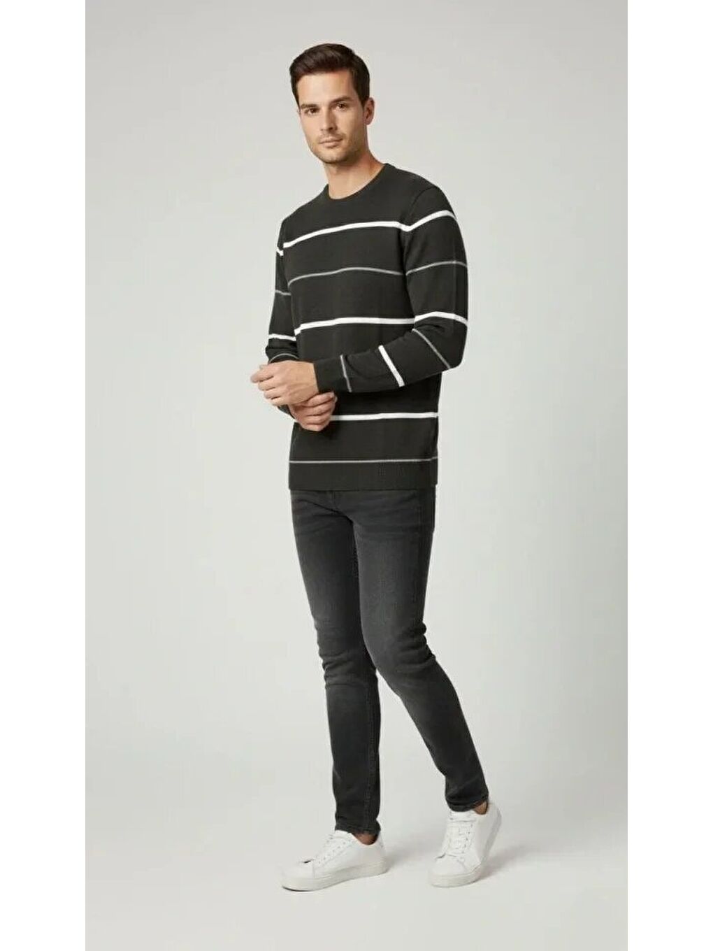 Gri Erkek Bisiklet Yaka Cizgili Triko Kazak Yumuşak Dokulu Pamuklu Ince Dokuma, Uzun Kollu Rahat Regular-1