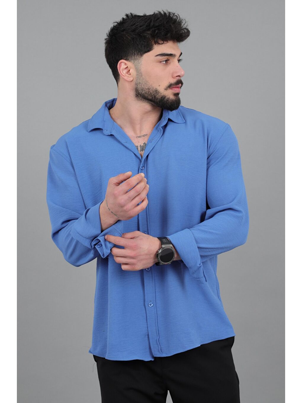 Lacivert Uzun Kol Keten Gömlek BLD 7040_40368-3