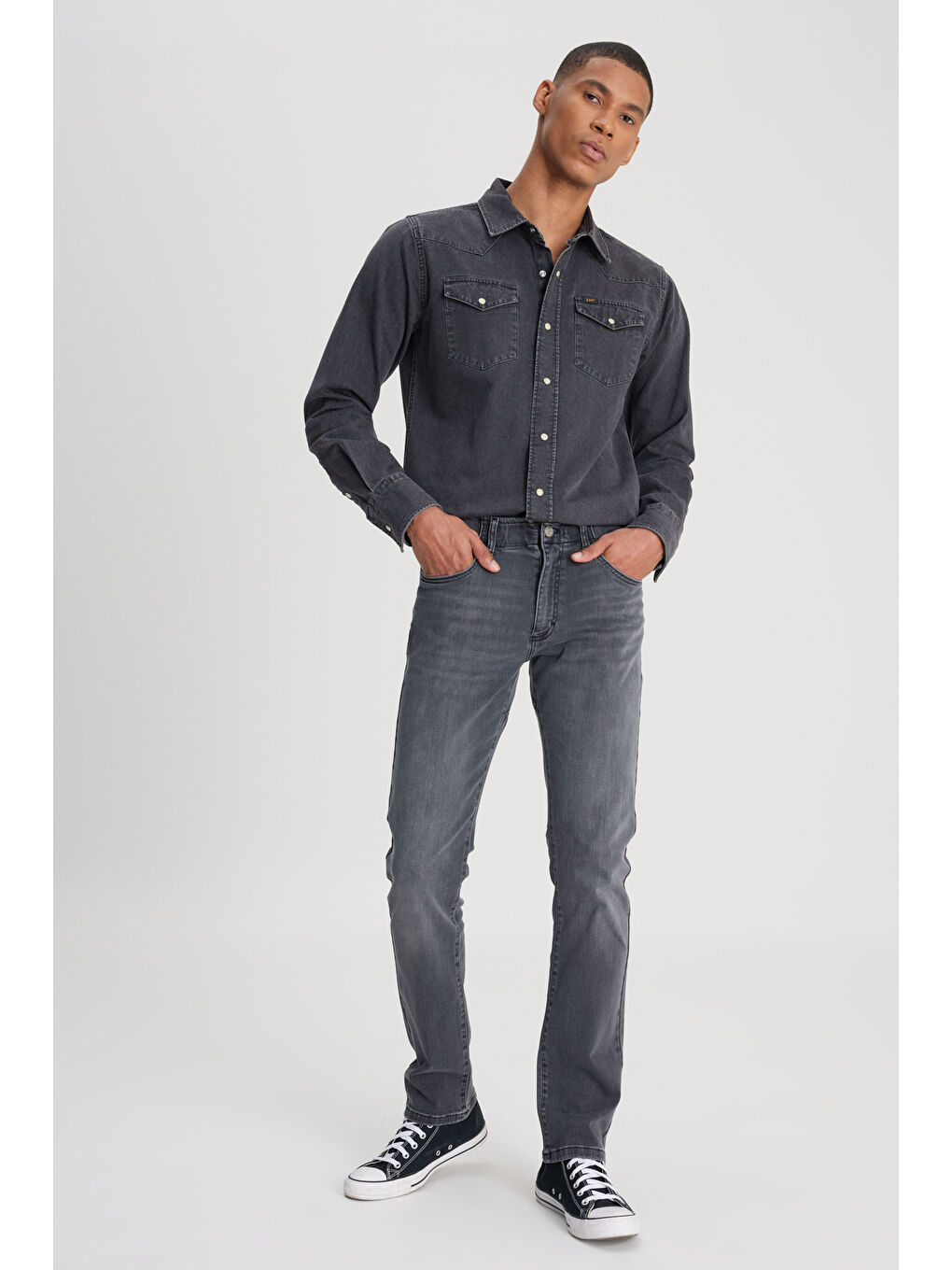 Slim Tapered Fit Dar Kesim Normal Bel Düz Paça Extreme Motion Koyu Gri Esnek Jean Pantolon