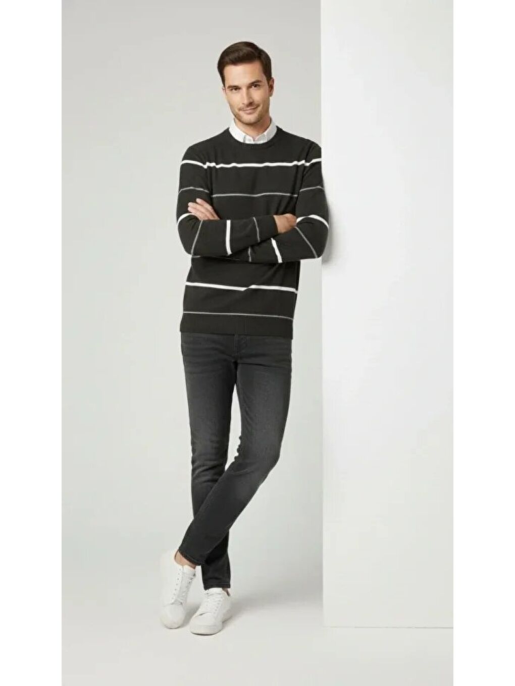 Gri Erkek Bisiklet Yaka Cizgili Triko Kazak Yumuşak Dokulu Pamuklu Ince Dokuma, Uzun Kollu Rahat Regular-2