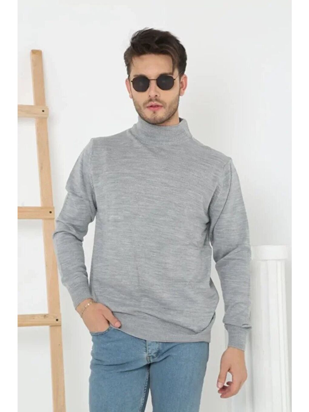 Gri Erkek Yarım Boğaz Triko Kazak Yumuşak Dokulu Pamuklu Ince Dokuma, Uzun Kollu Rahat Regular Kalıp - G