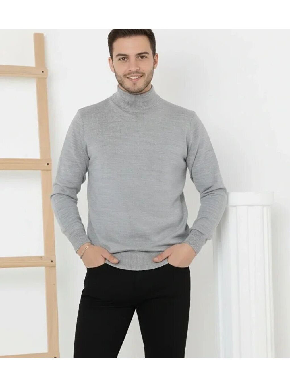 Gri Erkek Yarım Boğaz Triko Kazak Yumuşak Dokulu Pamuklu Ince Dokuma, Uzun Kollu Rahat Regular Kalıp - G-1