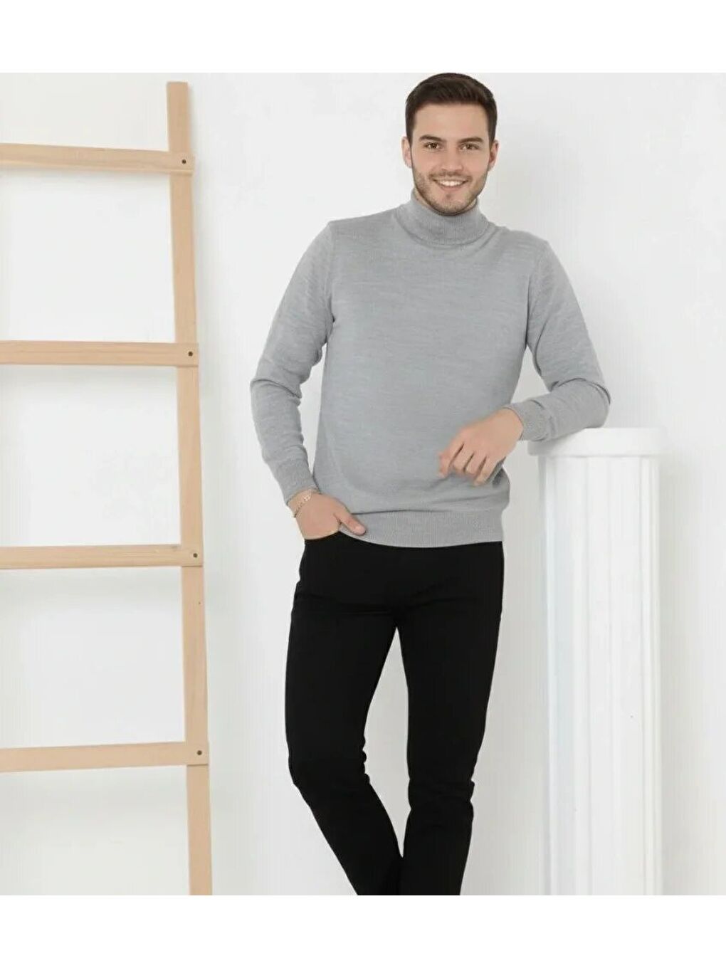 Gri Erkek Yarım Boğaz Triko Kazak Yumuşak Dokulu Pamuklu Ince Dokuma, Uzun Kollu Rahat Regular Kalıp - G-2