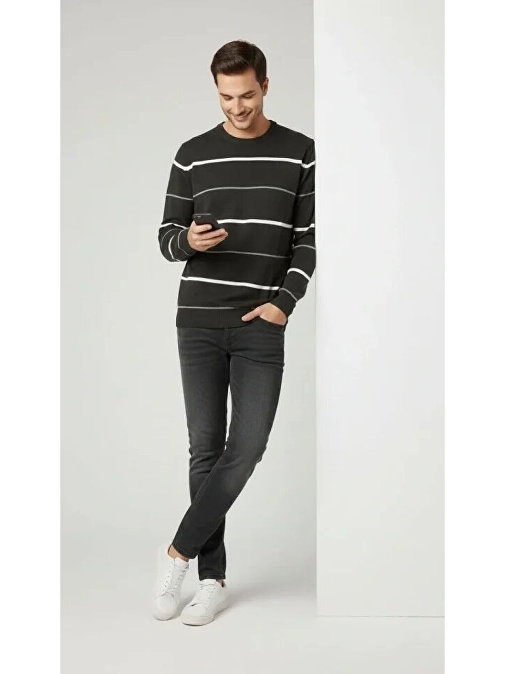 Gri Erkek Bisiklet Yaka Cizgili Triko Kazak Yumuşak Dokulu Pamuklu Ince Dokuma, Uzun Kollu Rahat Regular-3