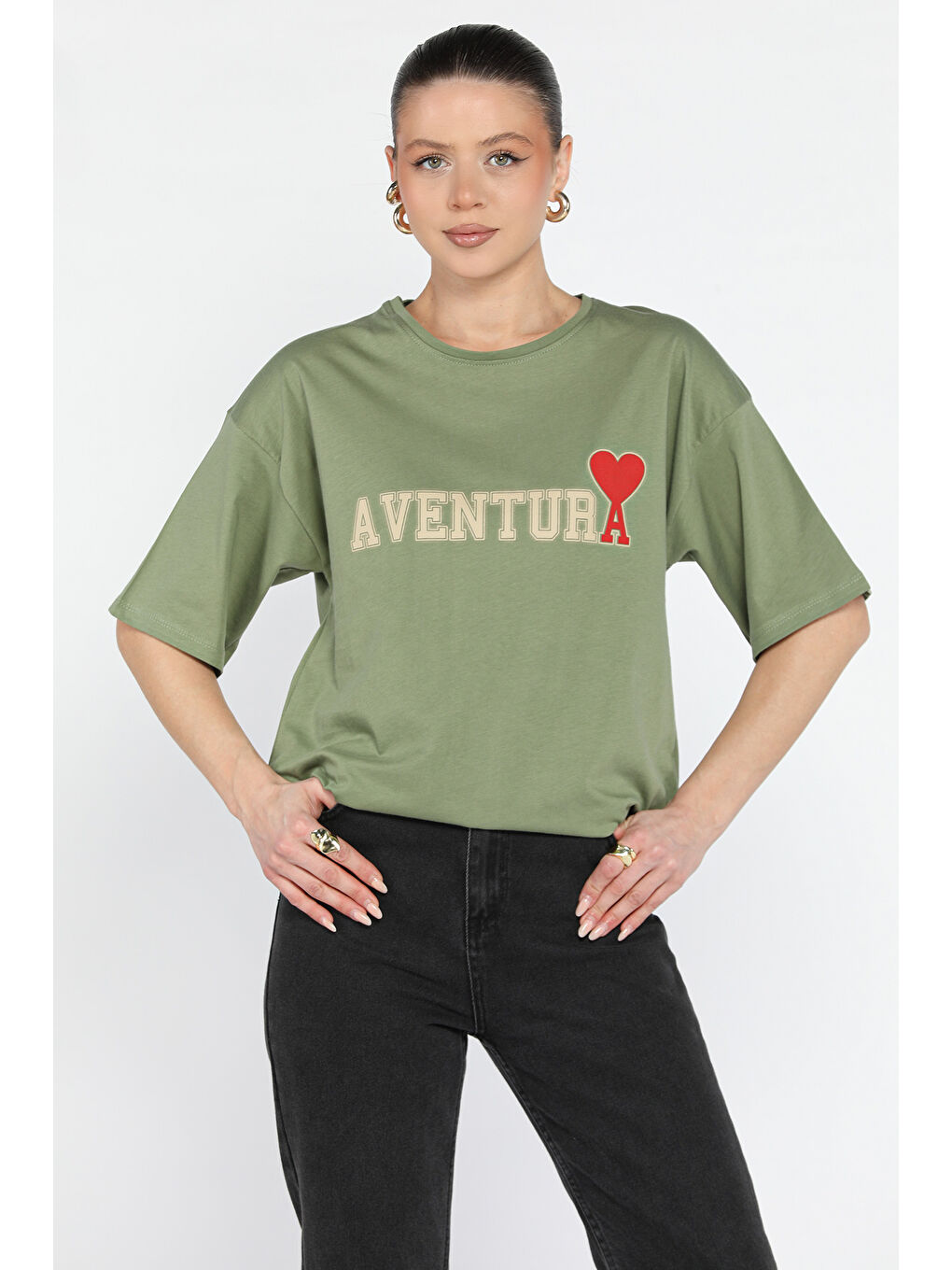 Haki Ön Yazı Baskılı Bisiklet Yaka Kadın Tişört